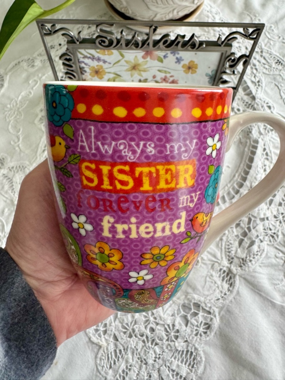 Colorful 'Always My Sister' Floral Ceramic Mug and Pewter Sister Frame